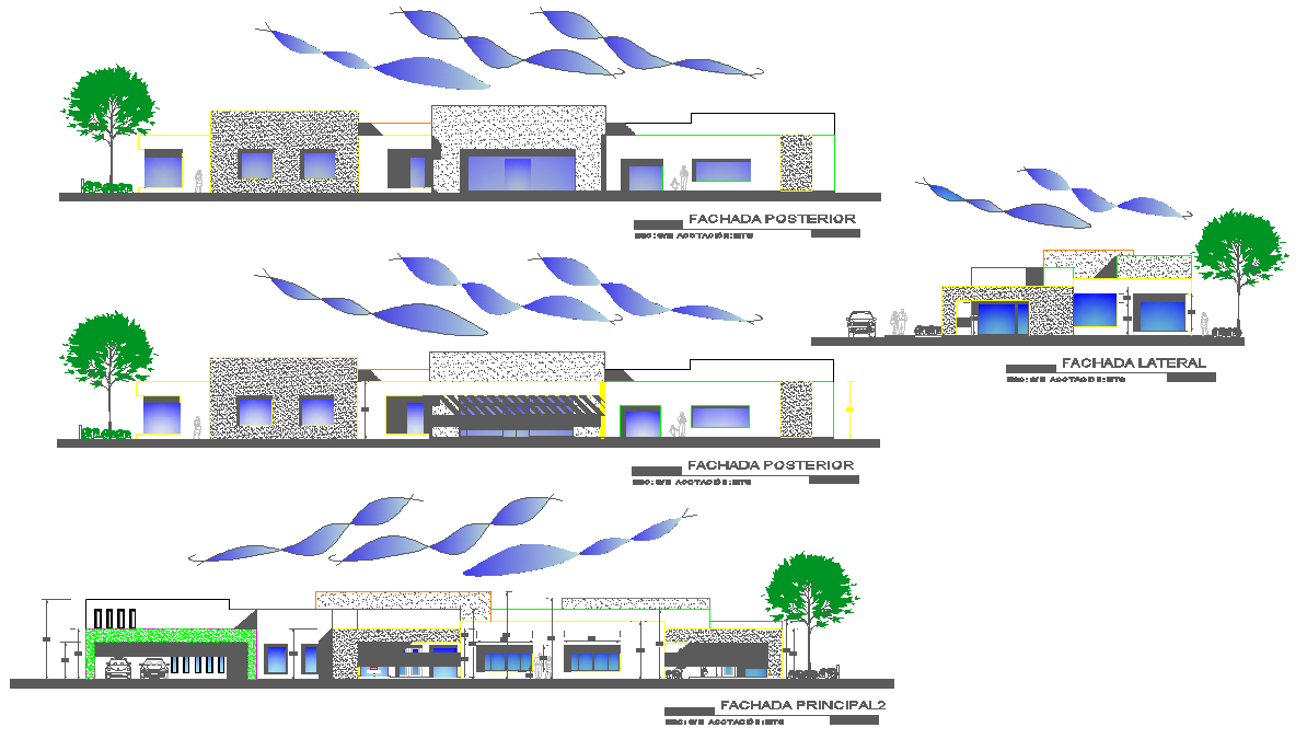 Elevation One story house autocad file