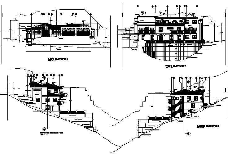 Elevation Split level house hill side detail dwg file