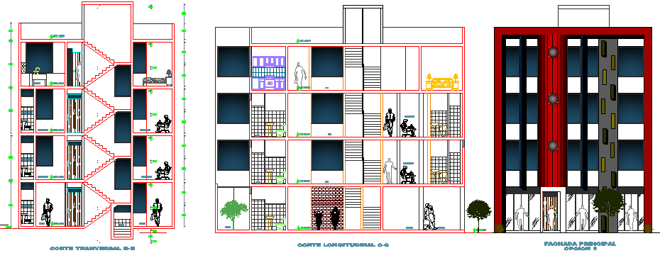 Elevation and Section Details of Multi-Flooring Housing Building with Office and Store dwg file