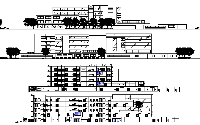 Elevation and Section Details of Multi-Specialty Hospital dwg file