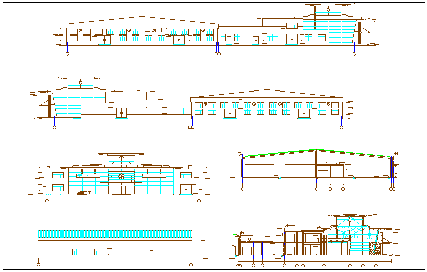 Elevation and different axis section view for Volkswagen car showroom dwg file