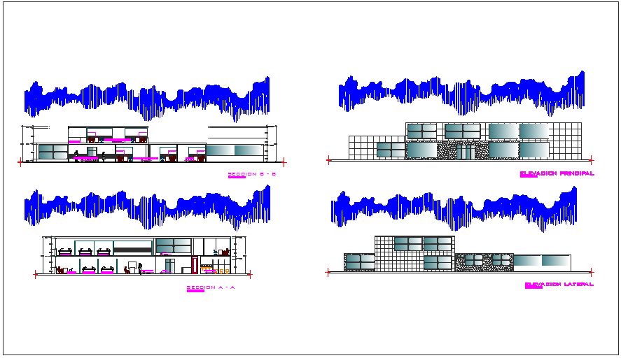 Elevation and different axis section view for bank dwg file