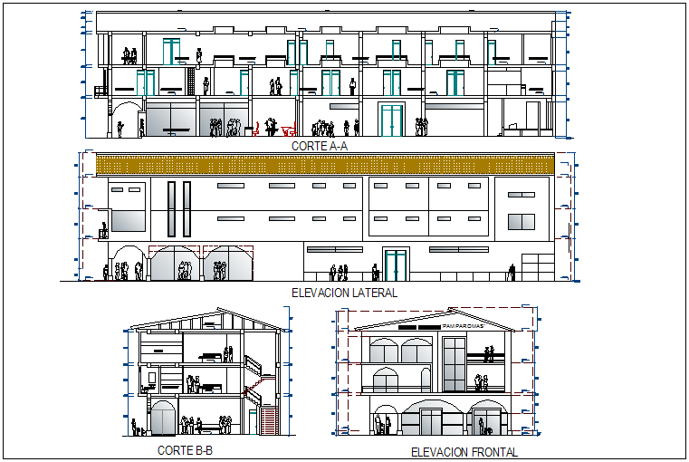 Elevation and different axis section view for civic center dwg file