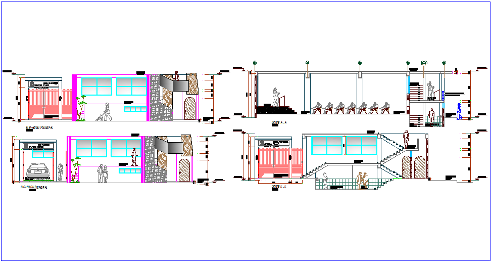 Elevation and different axis section view for civic center dwg file