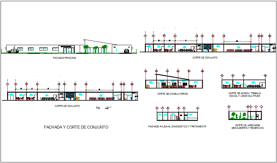 Elevation and different axis section view for clinic building dwg file