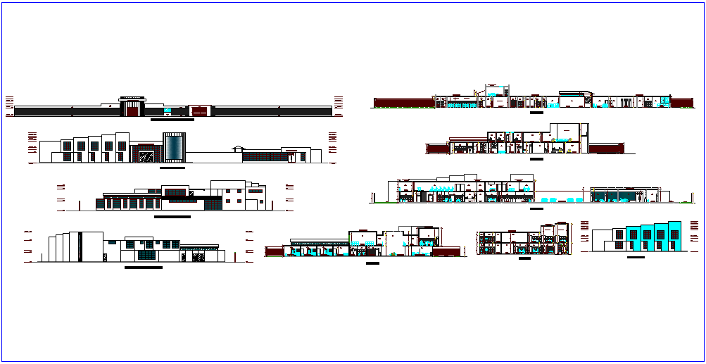 Elevation and different axis section view for clinic dwg file