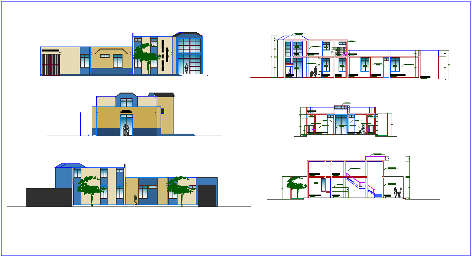 Elevation and different axis section view for clinic dwg file