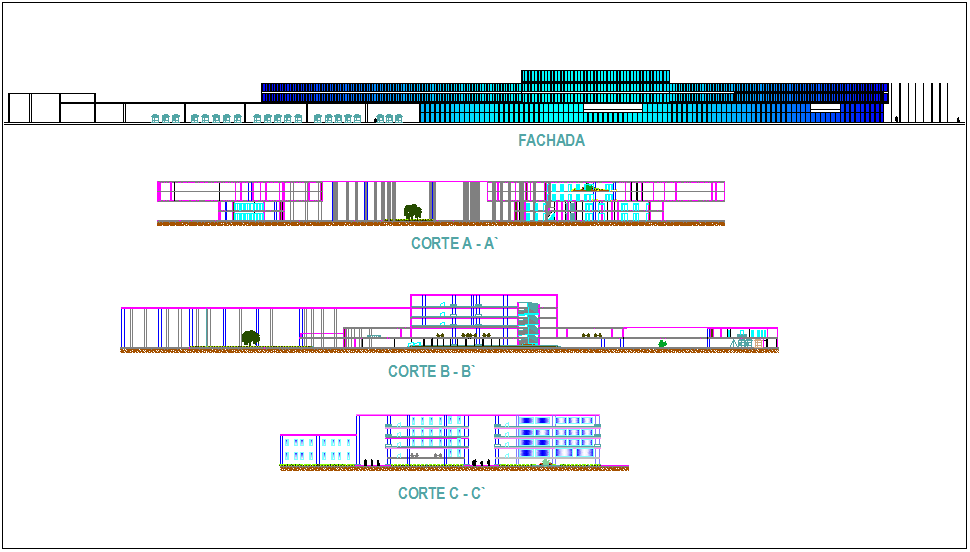 Elevation and different axis section view for communal market building dwg file