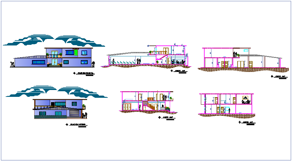Elevation and different axis section view for communal office dwg file