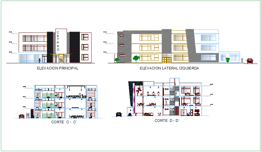 Elevation and different axis section view for community center dwg file