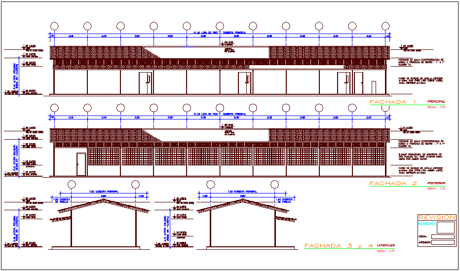 Elevation and different axis section view for education building dwg file