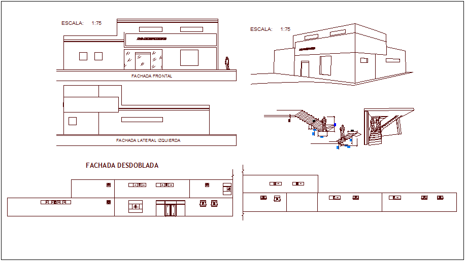 Elevation and different axis section view for hospital dwg file