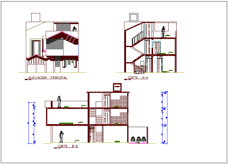 Elevation and different axis section view for house building dwg file