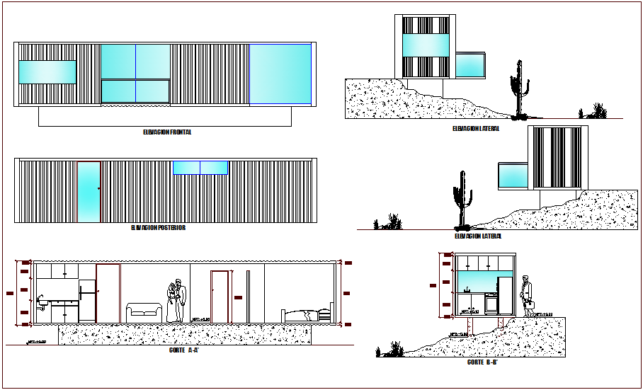 Elevation and different axis section view for house building dwg file