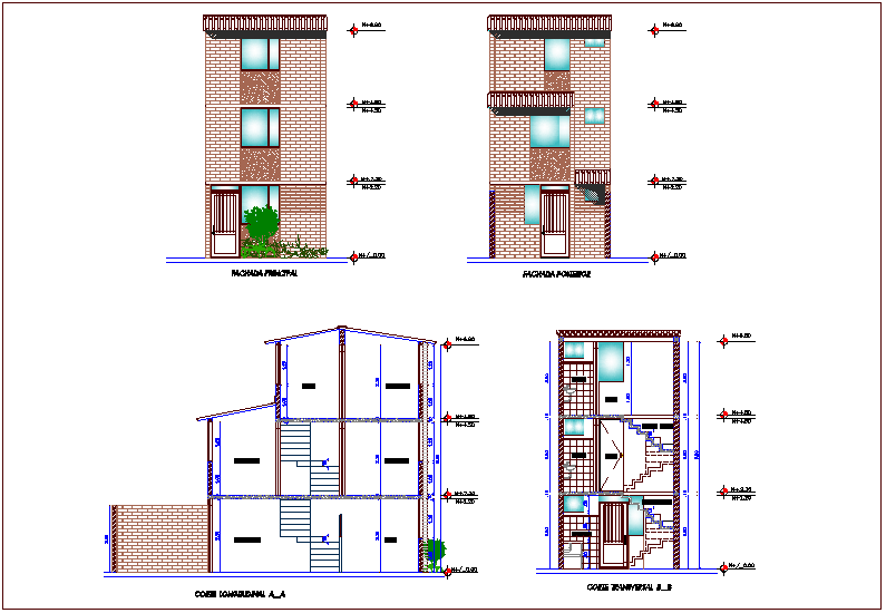 Elevation and different axis section view for housing project of Columbia dwg file