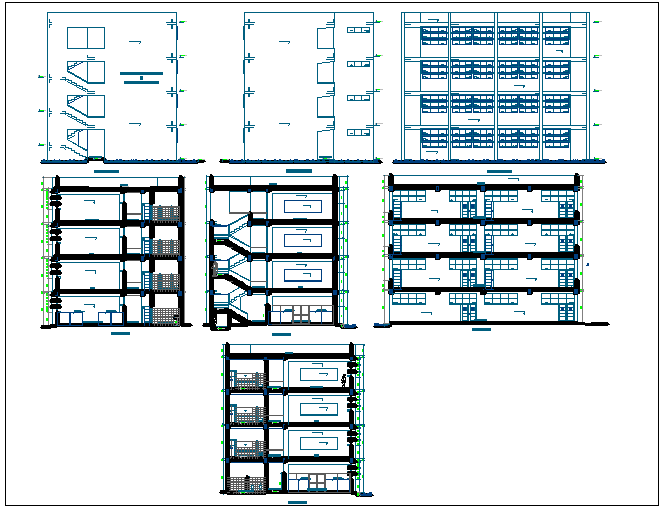 Elevation and different axis section view for law collage building dwg file