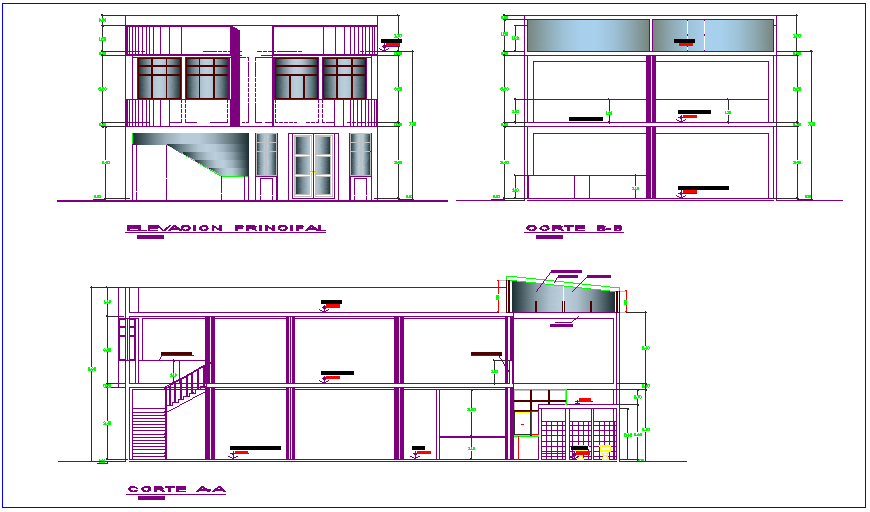 Elevation and different axis section view for library dwg file