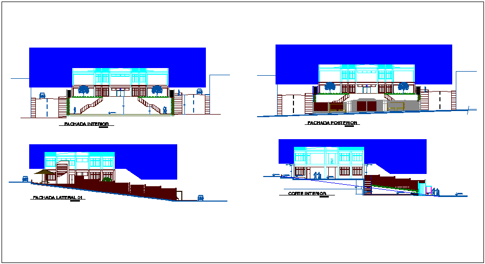 Elevation and different axis section view for multi purpose use center dwg file
