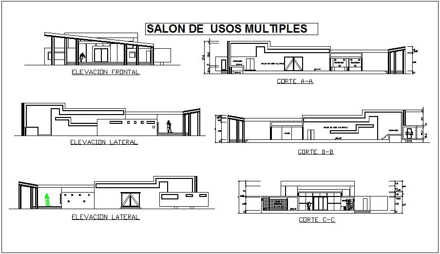 Elevation and different axis section view for multi purpose use room dwg file
