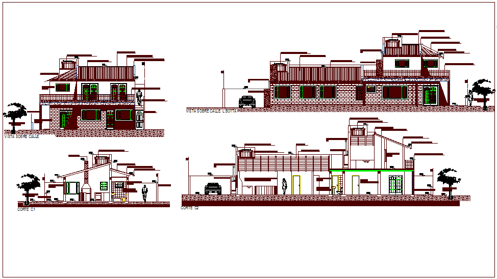 Elevation and different axis section view for residence building dwg file