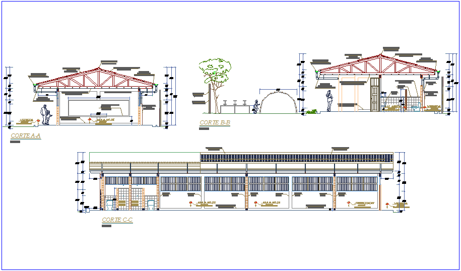 Elevation and different axis section view for school building dwg file