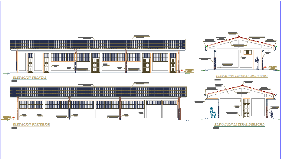 Elevation and different axis section view for school building dwg file