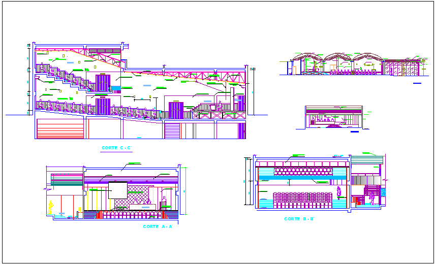 Elevation and different axis section view of auditorium dwg file