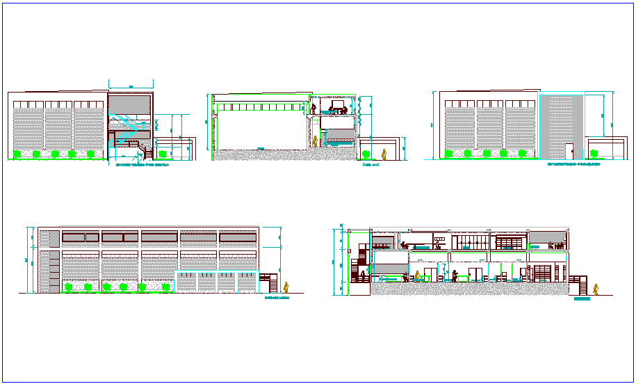 Elevation and different axis section view of laboratory dwg file