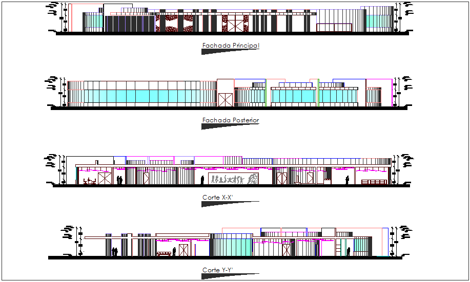 Elevation and different axis section view of clinic building dwg file