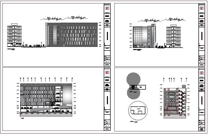 Elevation and different axis section view of clinic building dwg file