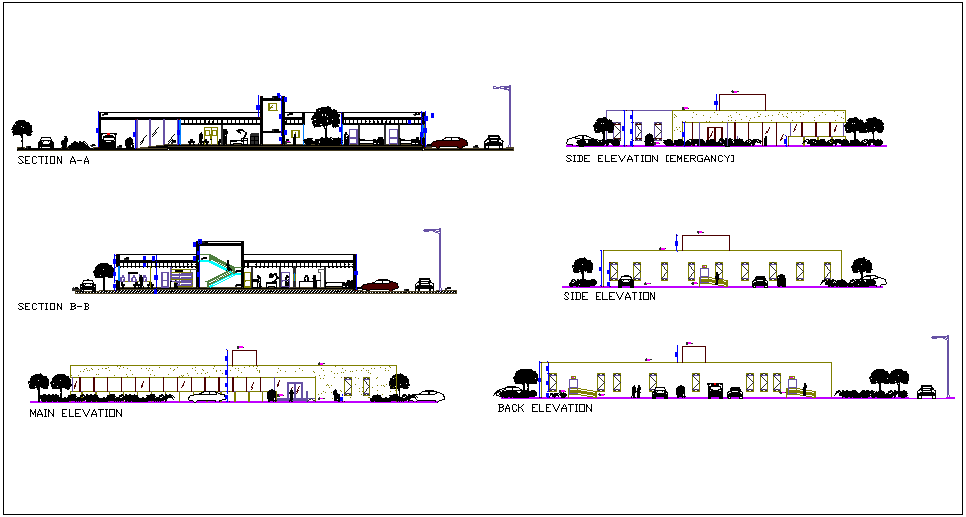 Elevation and different axis section view of clinic building dwg file