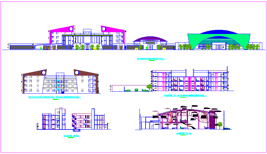 Elevation and different axis section view of commercial complex view dwg file