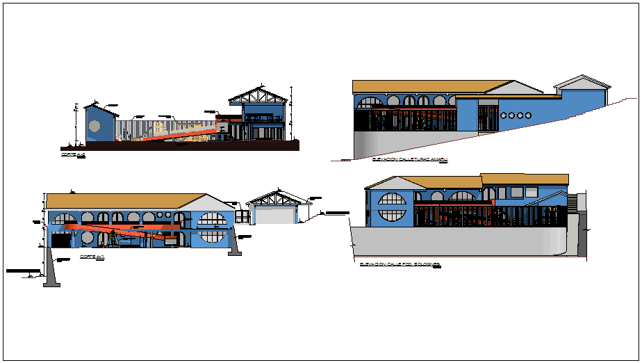 Elevation and different axis section view of education center dwg file