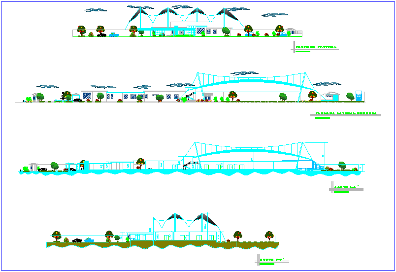 Elevation and different axis section view of fruit preserve plant dwg file