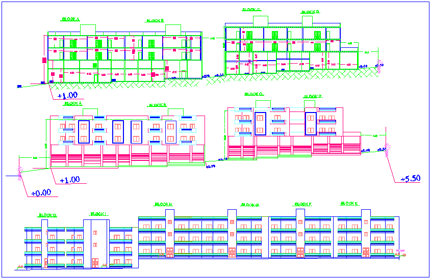 Elevation and different axis section view of high rise building dwg file