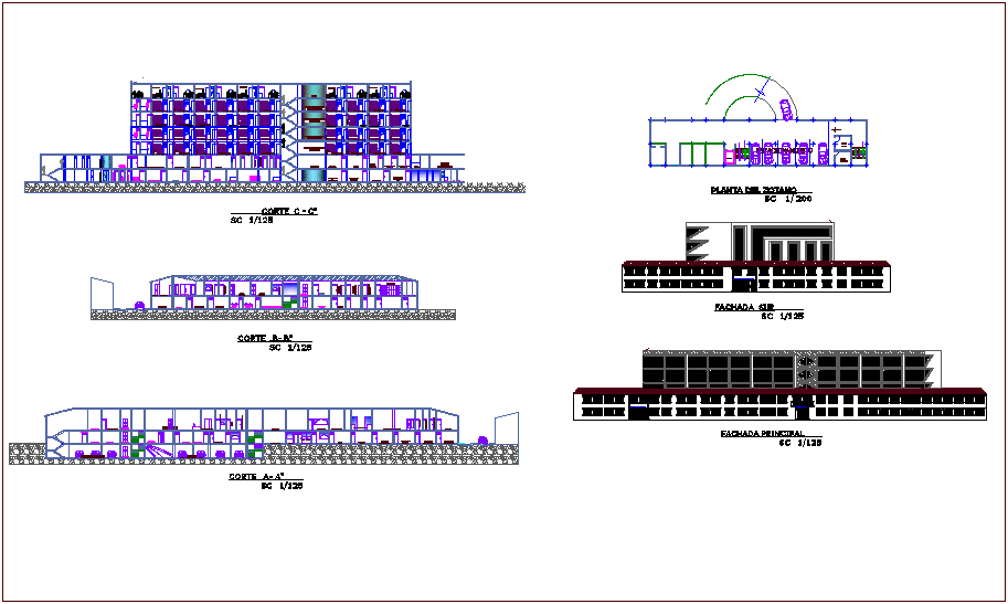 Elevation and different axis section view of hospital dwg file