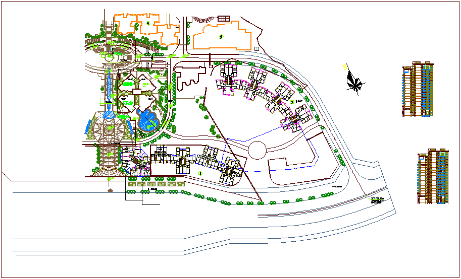 Elevation and landscape view of apartment dwg file