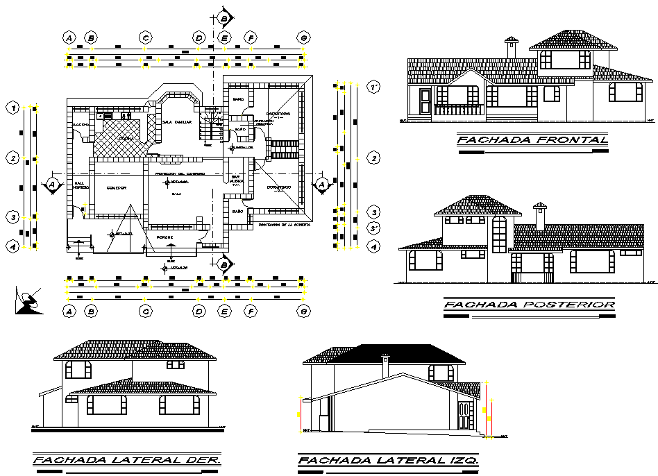 Elevation and plan housing plan detail dwg file