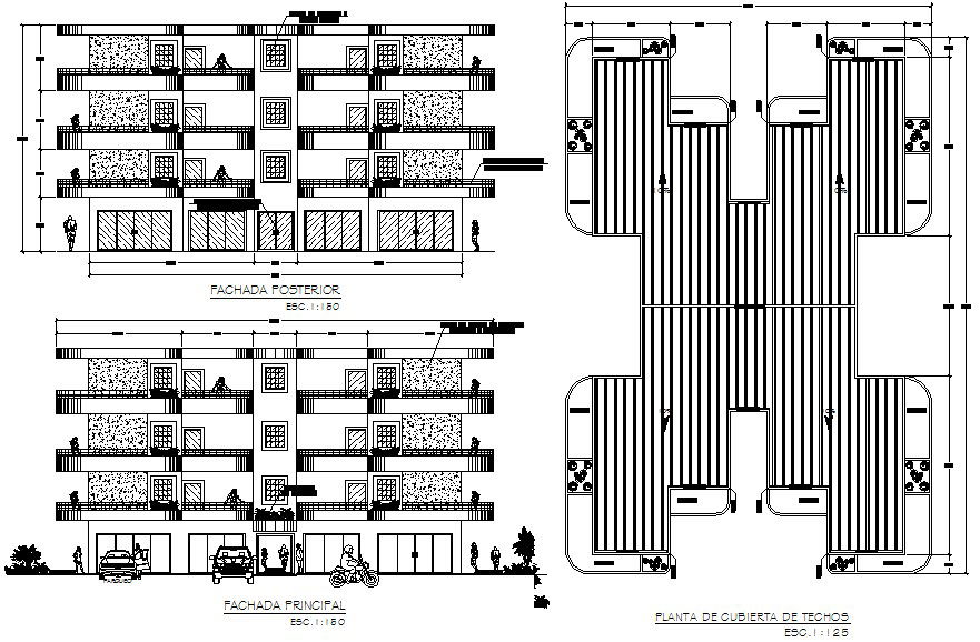 Elevation and roof plan detail dwg file