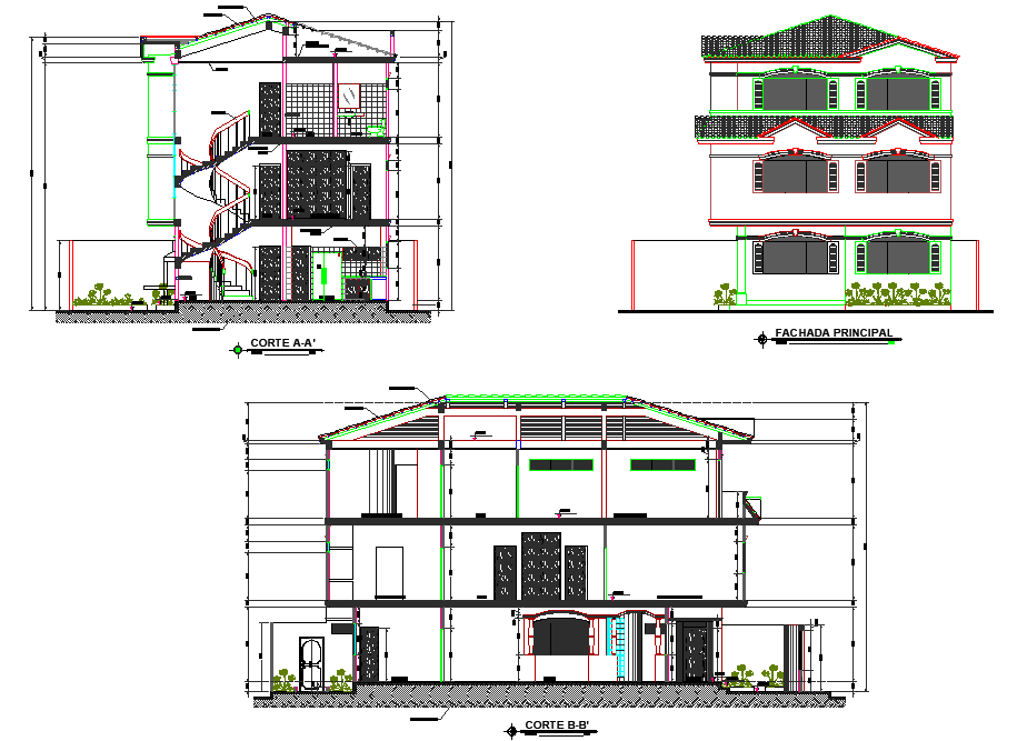 Elevation and section Contemporary housing plan layout file