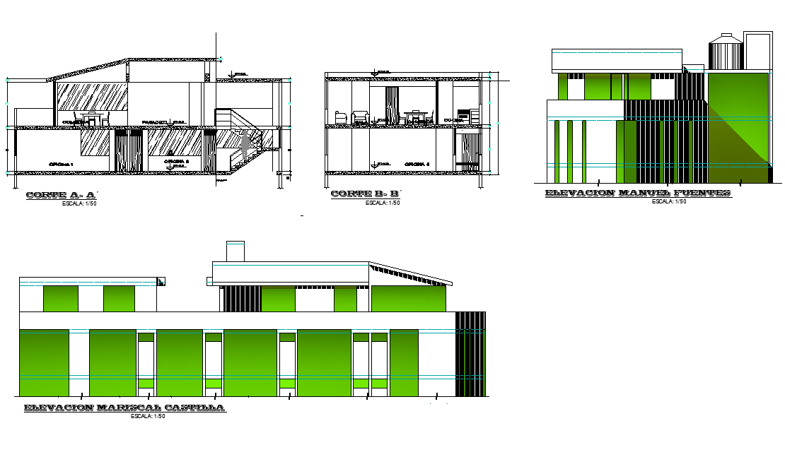 Elevation and section Expansion of commercial building autocad file