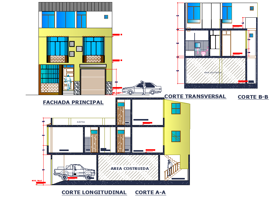 Elevation and section Family house plan detail dwg file