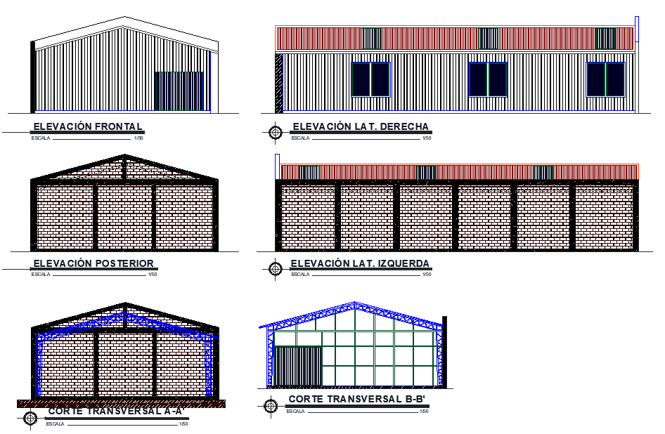 Elevation and section Industrial warehouse metal structure 200m2 detail