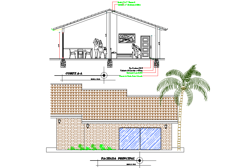 Elevation and section One family housing plan detail dwg file