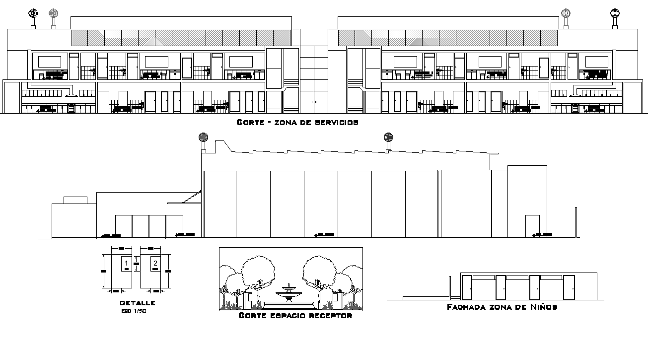 Elevation and section Salon social plan detail dwg file