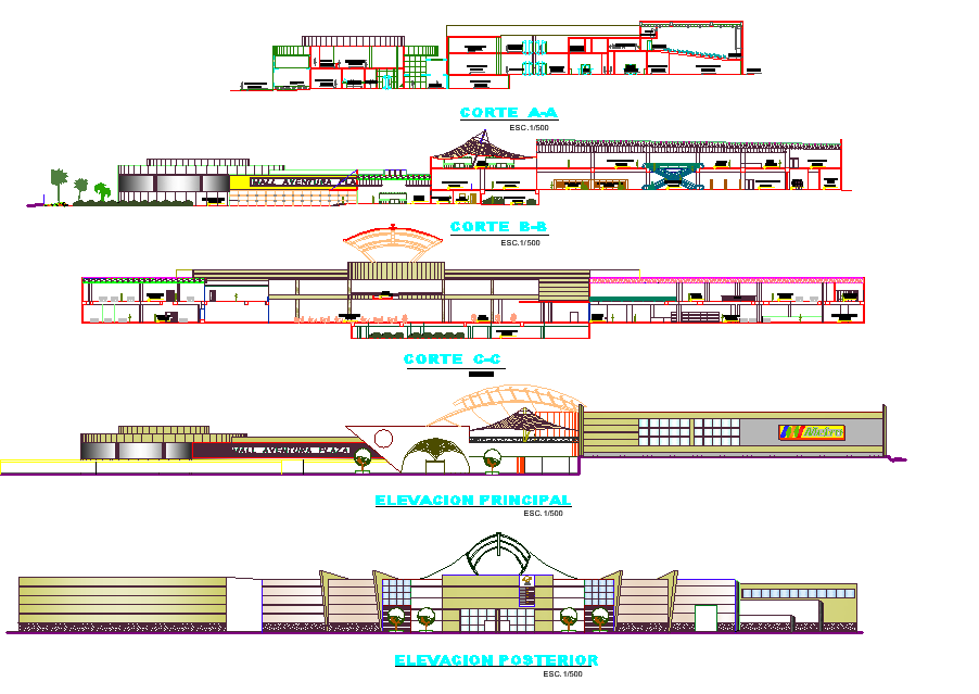 Elevation and section Shopping center dwg file
