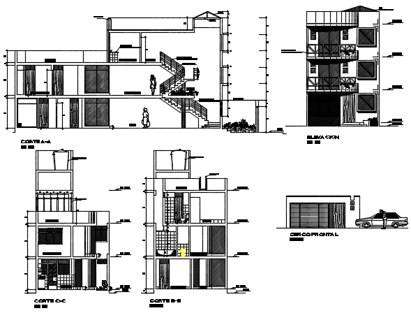 Elevation and section Triplex house plan detail dwg file