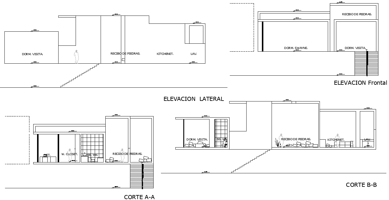 Elevation and section beach house plan dwg file