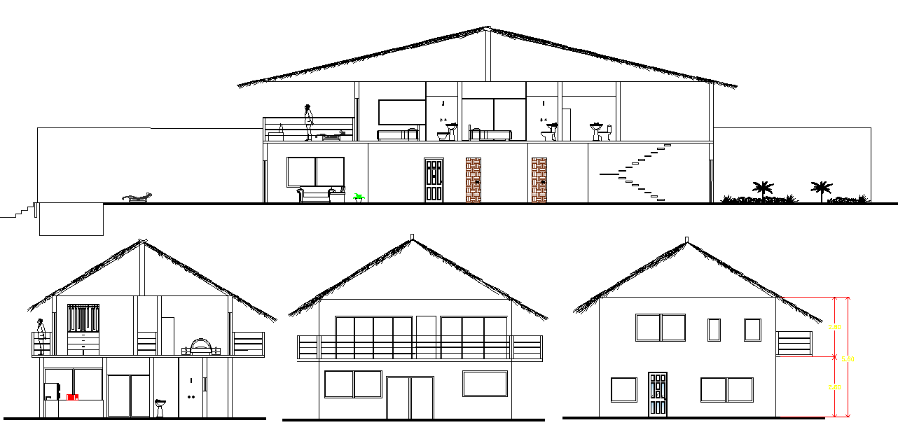 Elevation and section beach house plan layout file