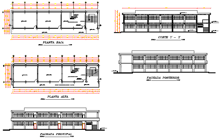 Elevation and section design drawing of Classroom design